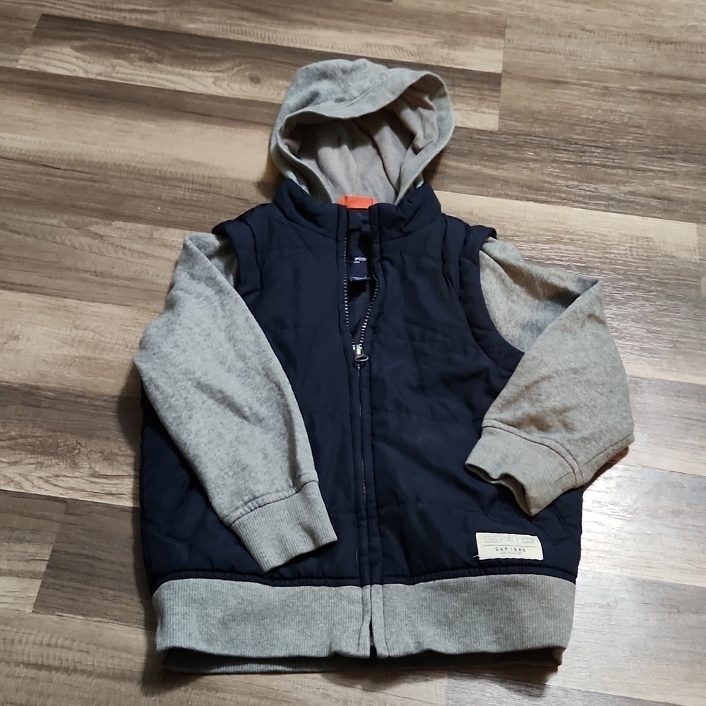 GAP Kids Blue Gray Hoodie Woven Vest Varsity Jacket, size 4-5  XXS